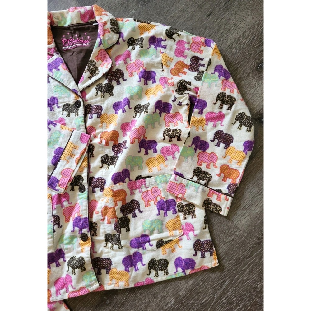 PJ Salvage Multicolor Elephant Flannel 2pc Pajama Set Sz L